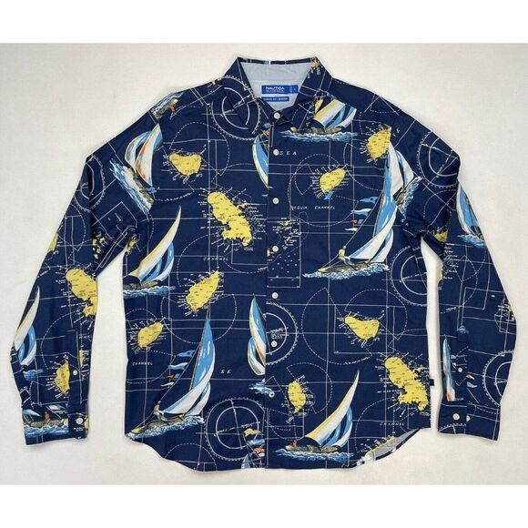 Nautica Blue Sail All Over Print Map Sail Shirt Men Large Blue Stretch - Picture 1 of 5